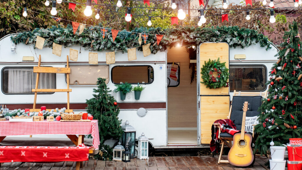 RV decked out for Christmas with lights