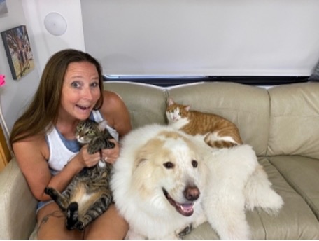 Charity Devrie with cats KitKat, Scrappy; and dog, Alaska