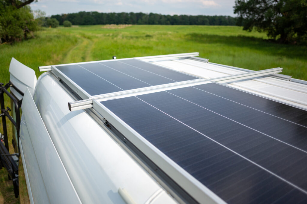 Solar panel on the roof of a camper van